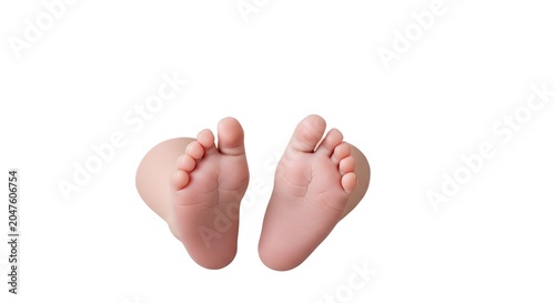 Tiny newborn baby feet, delicate and innocent, captured from above on a clean white background, signifying new life and precious moments