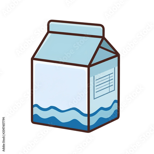 Milk Carton Box Illustration, White and Blue Beverage Paper Packet with Nutrition Facts, Cartoon Style Gable Top Container