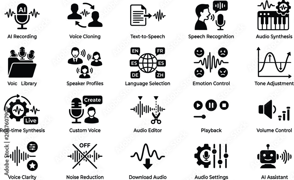 Fototapeta premium Vector icon set of AI voice generation tools speech recognition audio editing features and artificial intelligence sound engineering software parameters