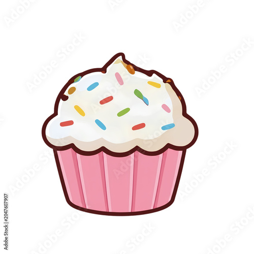 Cupcake with White Frosting and Colorful Sprinkles Illustration, Sweet Muffin Dessert in Pink Paper Liner, Cartoon Style Baking Icon
