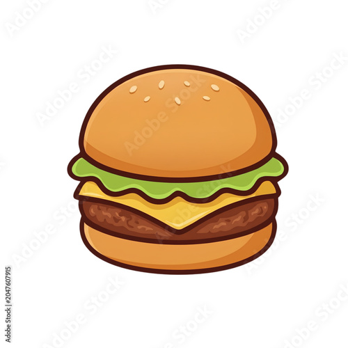 Cheeseburger Illustration, Classic Beef Burger with Cheese and Lettuce on Sesame Bun in Cartoon Style, Fast Food Icon