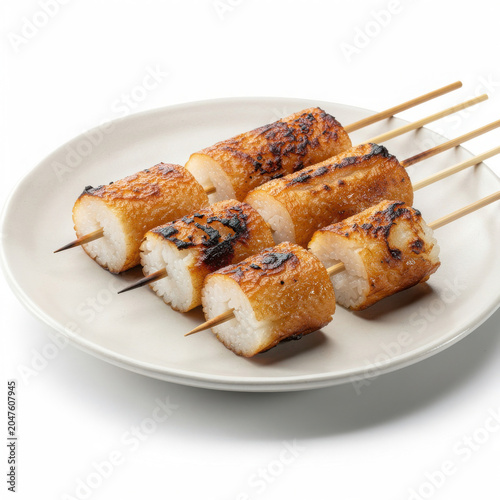 Kiritanpo Grilled Rice Skewers Isolated on White Background Square Composition Studio Shot