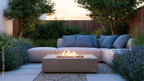 Modern outdoor living space with a large sectional sofa and a fire pit in the center. the sofa is beige in color and has several blue throw pillows on it.