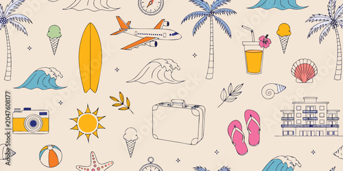 Canvas Print Travel themed seamless pattern with tropical vacation icons and holiday summer elements