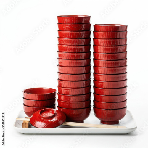 Wanko Soba Bowl Tower Isolated on White Background Square Composition Studio Shot