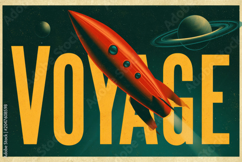 A sleek red rocket glides across a vintage-style space poster featuring the bold yellow word 