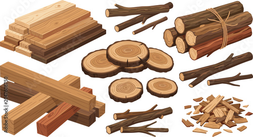 Canvas Print Wood Material Vector Set with Lumber Planks, Timber Logs, Tree Trunk Slices, Bra