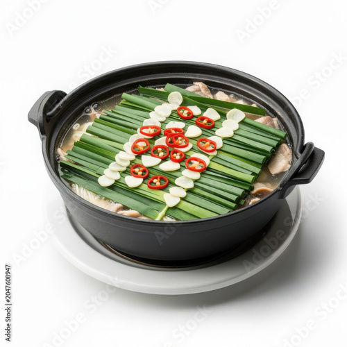 Motsunabe Garlic Chive Hot Pot Isolated on White Background Square Composition Studio Shot