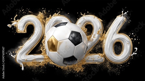 2026 Soccer World Cup concept with golden and white splash paint numbers and a black white football ball in center