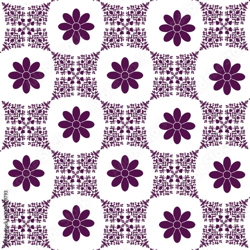 Принти на полотні This fabric features a stunning flower fabric tribal-inspired Ikat pattern in rich purple and pink tones that contrast beautifully against a light background