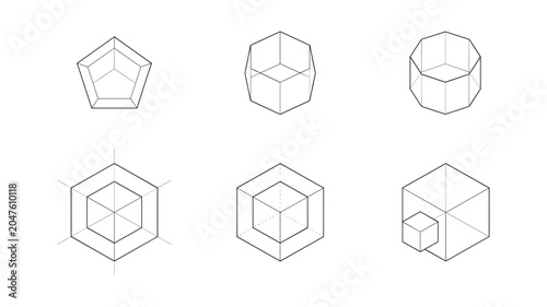 Slika na platnu Six geometric cube line in black and white with internal diagonal lines geometry