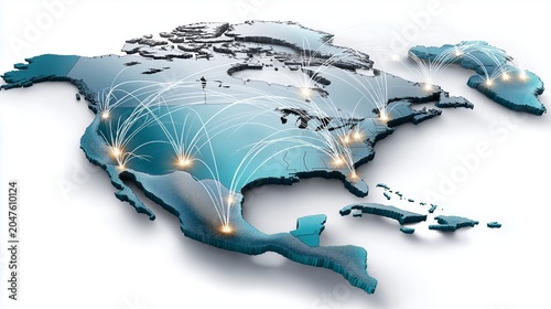 Global network connections illustration showing communication links across North America including Canada United States Mexico with digital glowing nodes