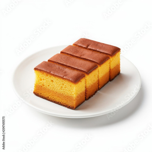 Kasutera Castella Sponge Cake Isolated on White Background Square Composition Studio Shot