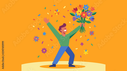 Photography Person celebrating with bouquet of flowers.