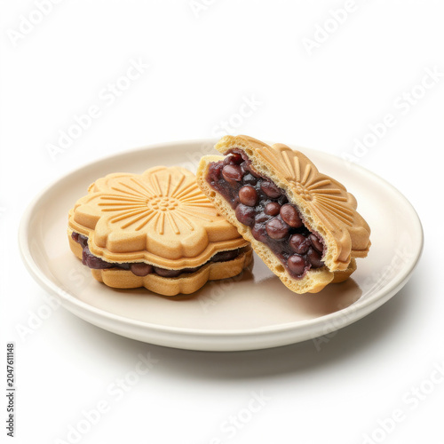 Monaka Wafer and Red Bean Sweet Isolated on White Background Square Composition Studio Shot
