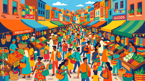 Bild auf Leinwand Vibrant street market scene with people.