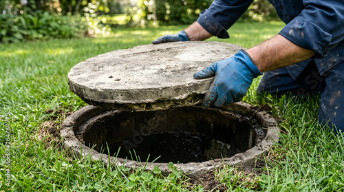 Worker lifting septic tank lid in backyard | Septic system maintenance and inspection | Plumbing professional opening sewage manhole | Home sanitation repair | Contractor cleaning cesspool