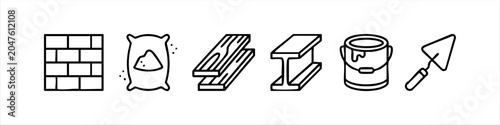 Photos Professional set of construction material line icons featuring a brick wall, cement bag, wooden planks, steel I-beam, paint bucket, and trowel