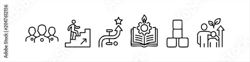 A set of hand-drawn business growth and development icons representing teamwork, career progression, strategic goals, continuous learning, structural building, and professional mentorship.