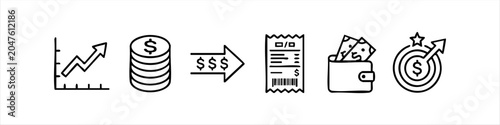 A set of hand-drawn financial icons featuring a growth graph, coin stack, money arrow, receipt, wallet with cash, and a goal target. Ideal for business, banking, and investment-themed designs.