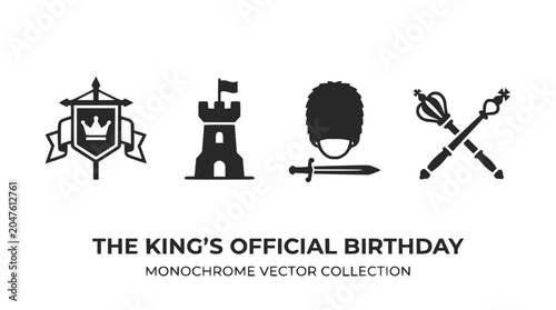 Fényképezés Monochrome Royal Icons: King's Birthday Banner, Castle, Guard Hat, Sword, Scepte
