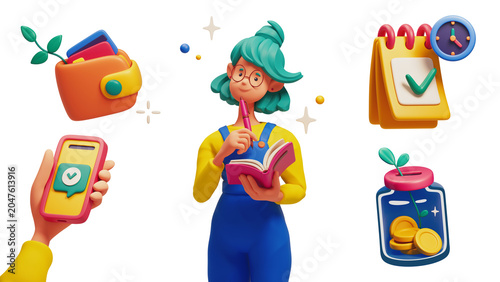 3D rendering of a business plan icon set on a white background. Collage of stylized cartoon elements: thoughtful girl, wallet with credit cards, calendar, clock, phone with message, and money jar.
