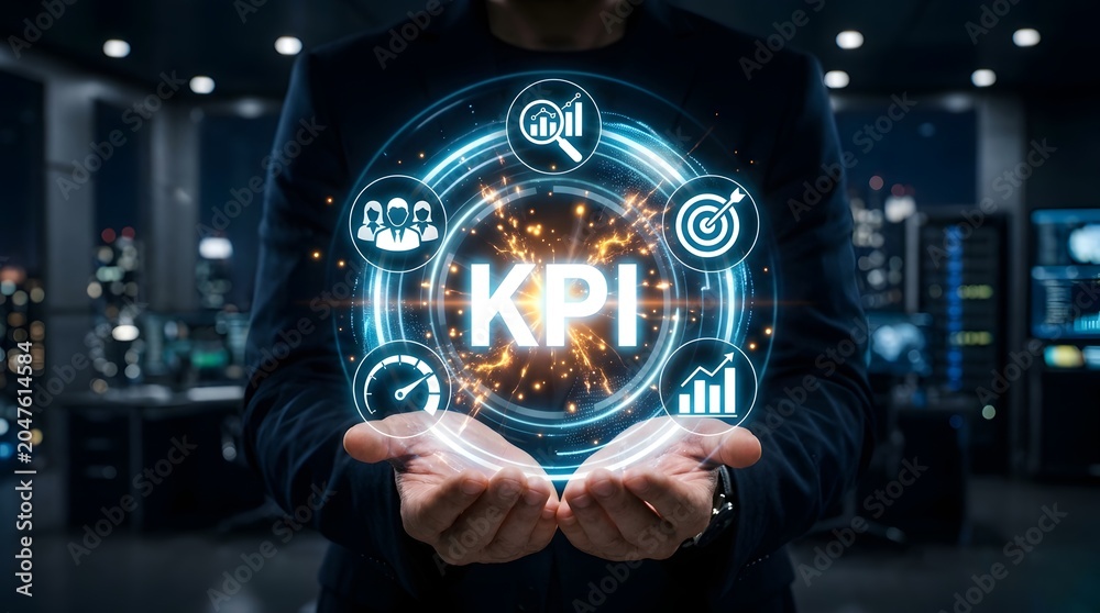 Obraz premium Person cupping hands around glowing KPI sphere with interconnected business icons magnifying glass team target speed dial and rising bar graph in dark office setting