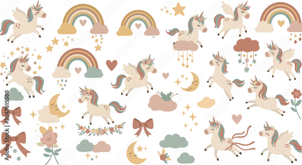 Obraz premium A whimsical collection of cute hand drawn unicorns rainbows stars hearts and decorative elements perfect for nursery decor baby shower invitations and magical kids designs