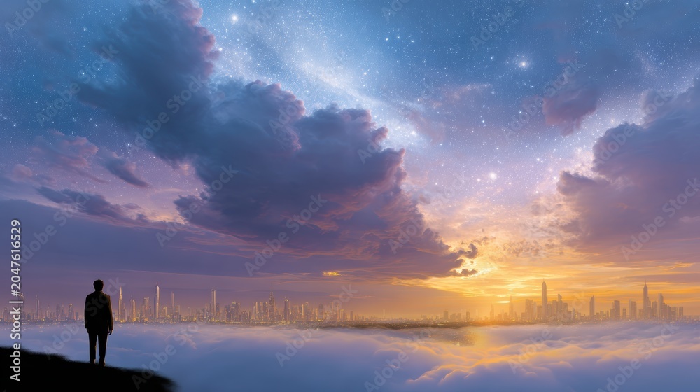 Fototapeta premium A lone figure stands on a hill overlooking a futuristic cityscape beneath a starry sky and glowing sunset, above a blanket of clouds.