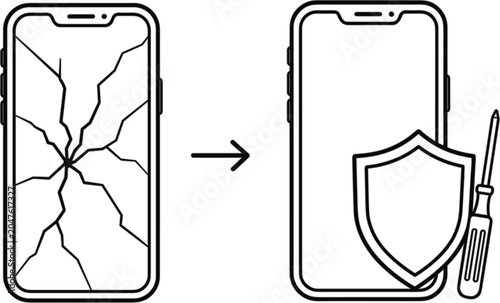 Smartphone repair vector illustration for mobile protection service poster with broken screen and shield line art