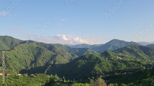 A rural Eastern Black Sea landscape in Giresun showing steep terrain covered with hazelnut orchards and scattered settlements typical of traditional mountain agriculture.