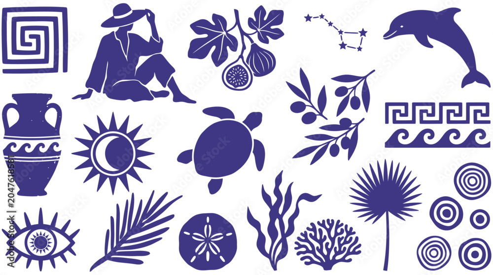 Fototapeta premium Collection of Blue Vector Icons Representing Nature, Travel, and Mythology Elements