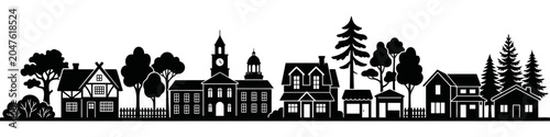 Silhouette of a charming small town skyline with diverse architectural styles, trees, and foliage, creating a picturesque rural landscape