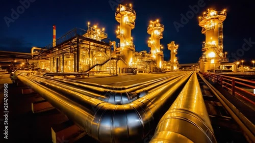 Industrial Powerhouse at Night: An illuminated industrial complex with towering structures and extensive pipelines glows under the night sky, representing energy production and infrastructure.