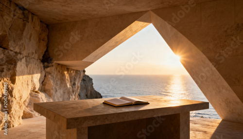 Modern workspace carved into a limestone cliff above the sea, open notebook on stone desk, morning sunlight entering through geometric opening, minimalist architecture, large negative space