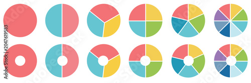 Circle division infographic icon set. Pie chart . Color pizza or donut round diagram. Infographic wheel segment and fraction. with white background EPS10