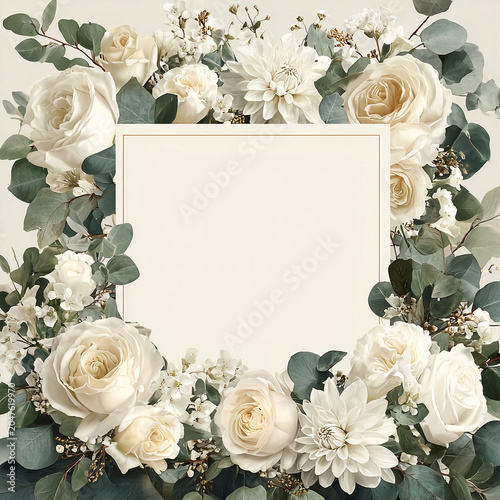 Floral arrangement with white roses and dahlia flowers and blank space for text