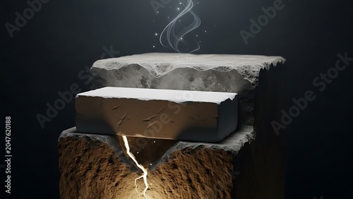 Natural stone podium for product display, rough concrete pedestal with magical glowing light, atmospheric rock stage for jewelry presentation