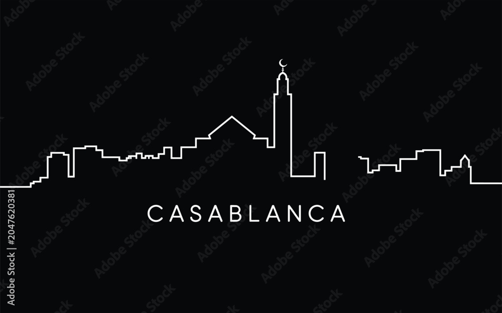 Fototapeta premium Minimalist black and white line graph with standing silhouette, casablanca text