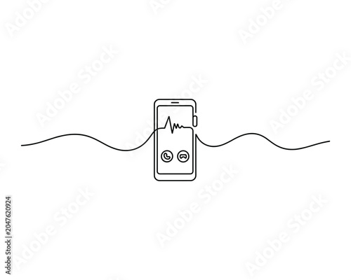 A line art illustration of a smartphone with a heartbeat line coming out of it