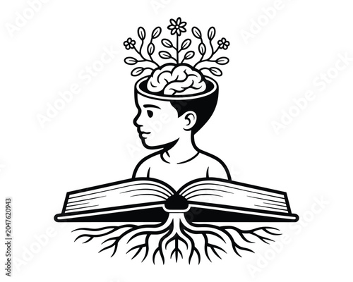 A black and white illustration of a boy with flowers growing out of brain
