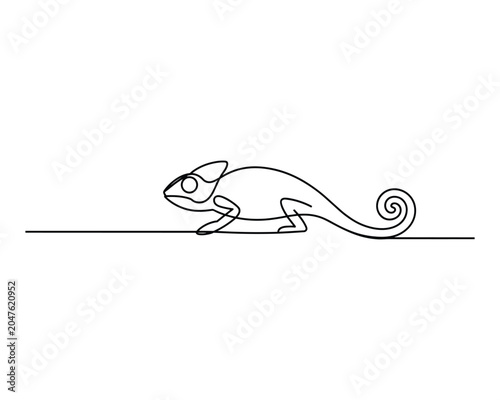 A minimalist line drawing of a chameleon on a horizontal line