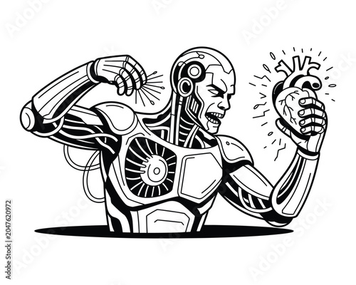 A robotic creature with a heart in its hand and a muscular pose shows power