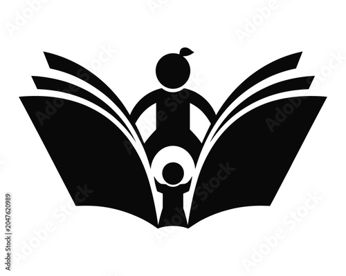 Black silhouette of adult and child reading an open book with apple on top