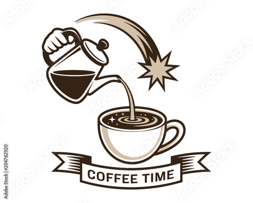 Coffee pouring into a cup with a banner saying coffee time
