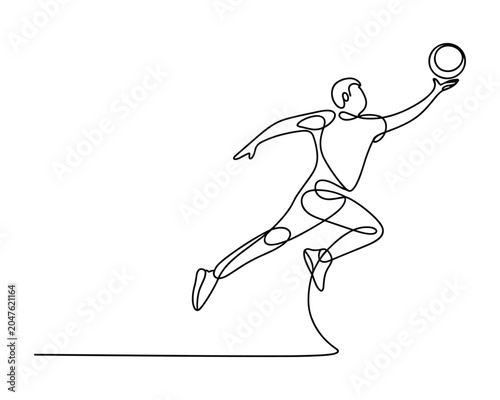 Continuous line drawing of a man playing volleyball in midair motion with one hand up