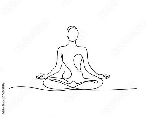 Continuous line drawing of a person meditating in lotus position