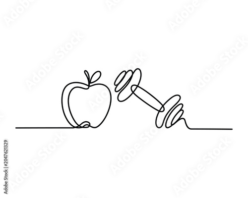 Continuous line drawing of dumbbell and apple on white background