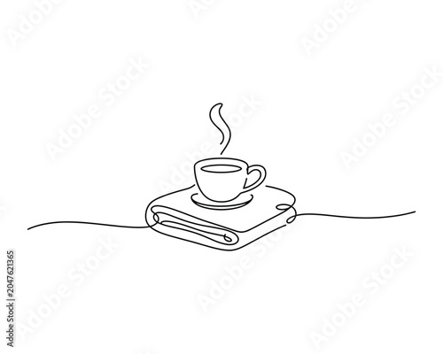 Continuous line drawing of steaming cup on folded napkin and saucer