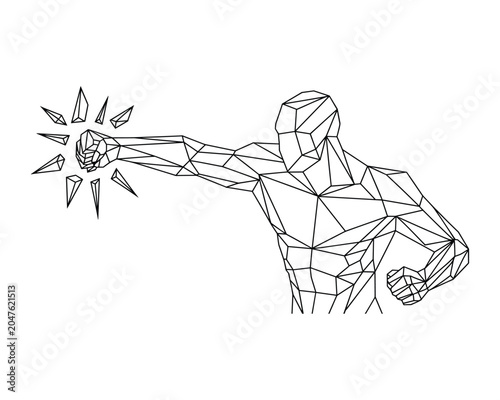 Low poly art style man punching through wall with shattered glass fragments flying